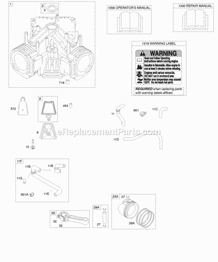 Cylinder PistonRingsConnecting Rod Diagram and Parts List for  Briggs and Stratton Engine